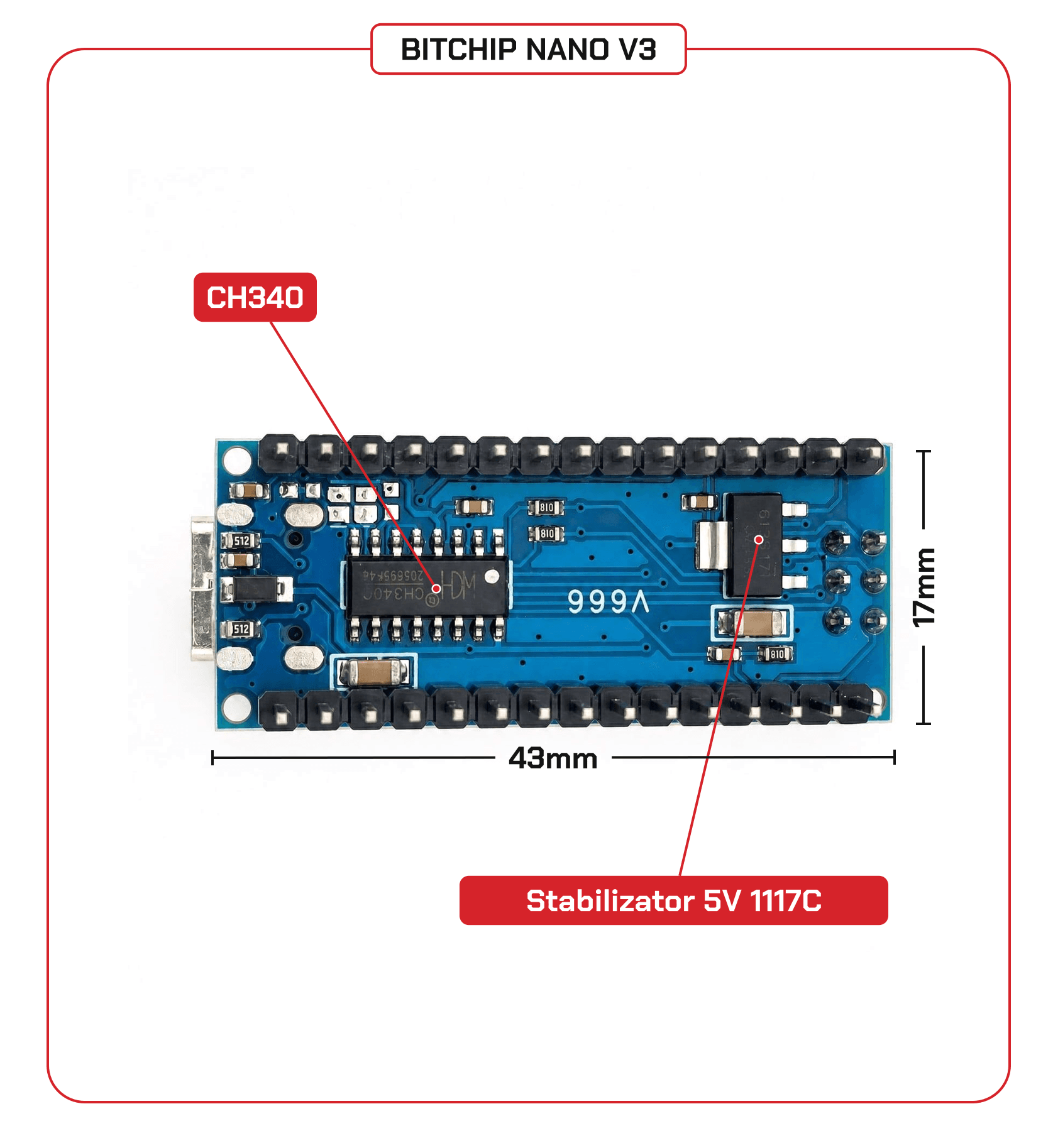 Nano V3.0 ATmega328P CH340, USB-C, wlutowane piny (kompatybilna z Arduino) - zdjęcie 4