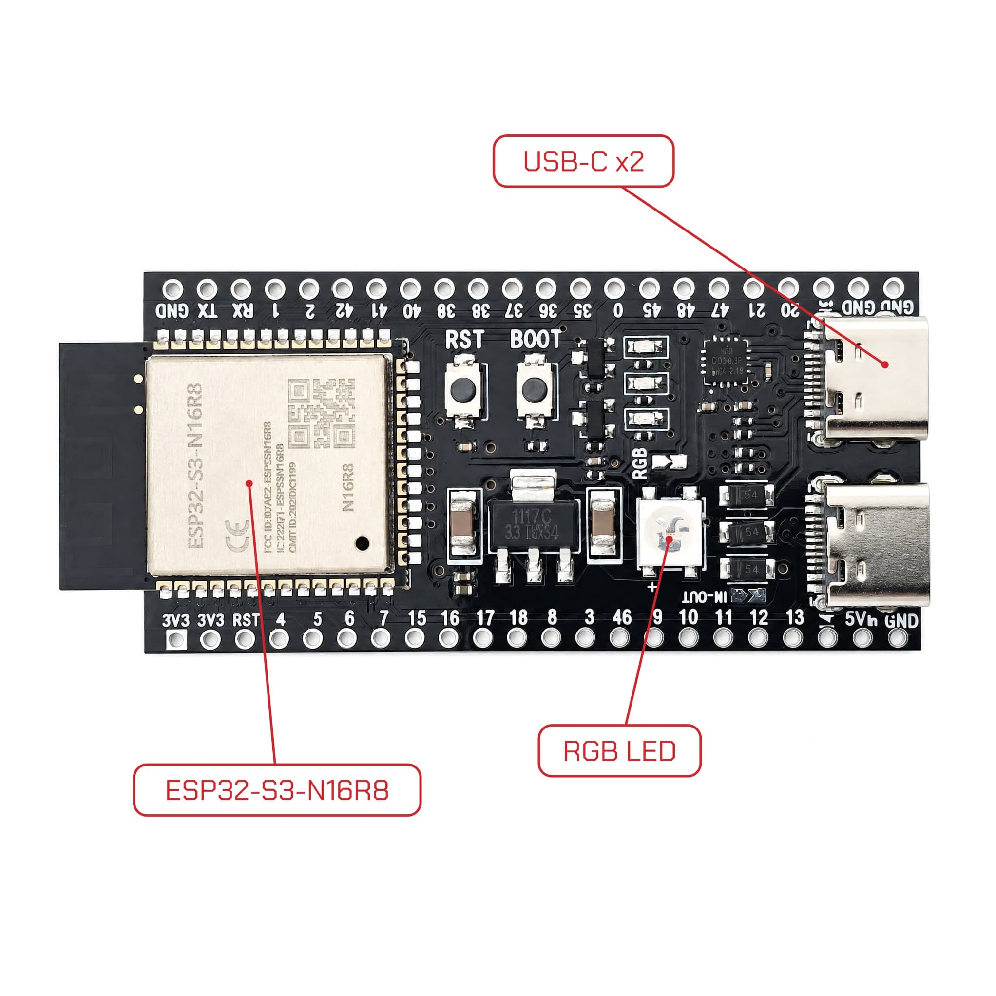 Moduł ESP32-S3 N16R8 Mikrokomputer z WiFi + Bluetooth, 2× USB-C - zdjęcie 2